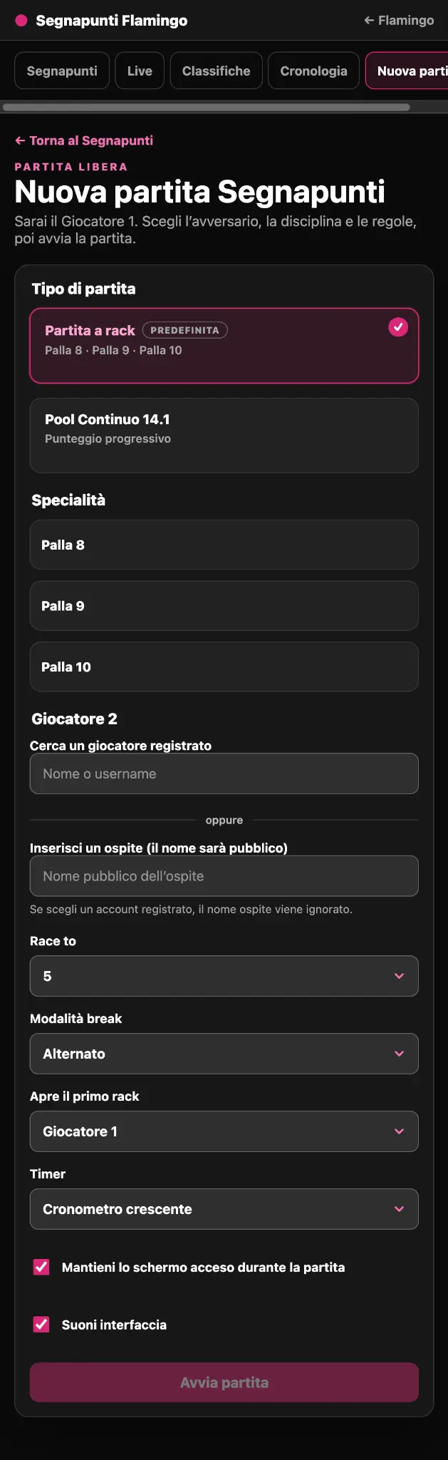 Configurazione di una partita a rack nel Segnapunti Flamingo da smartphone