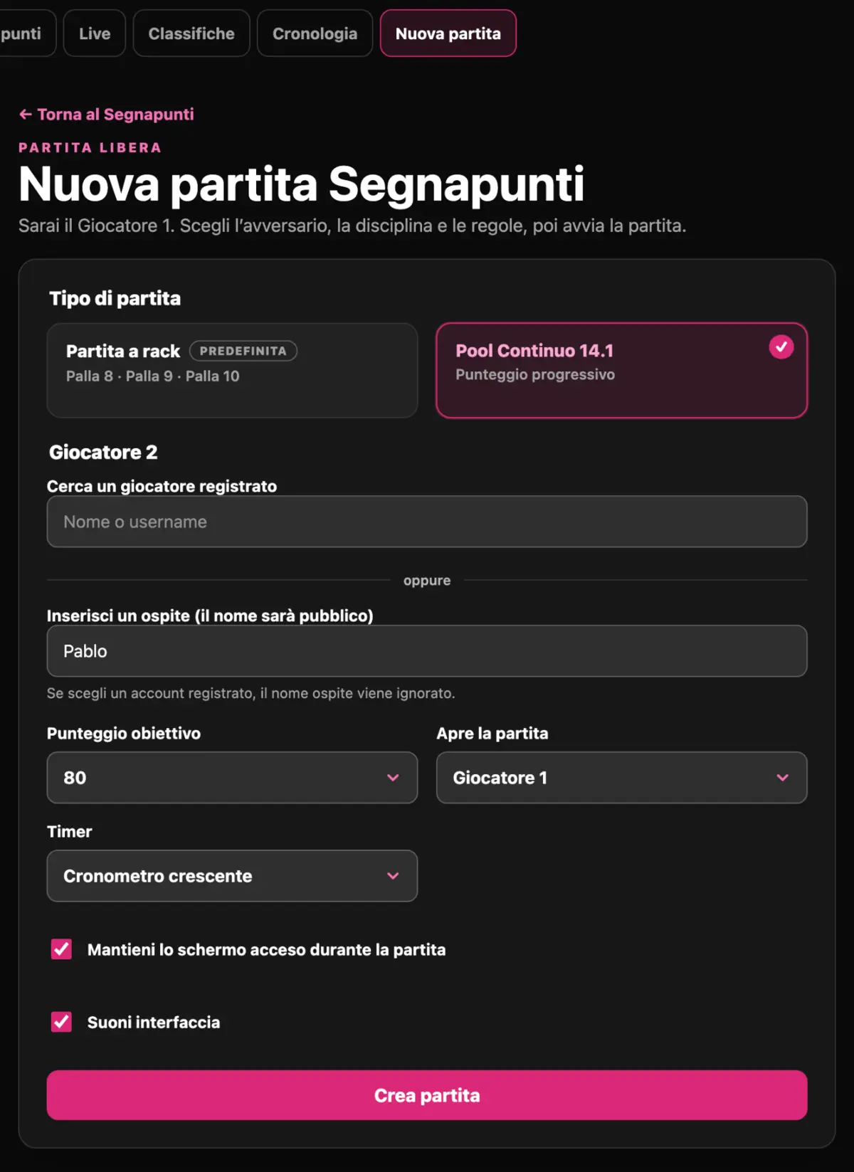 Configurazione di una partita di Pool Continuo 14.1