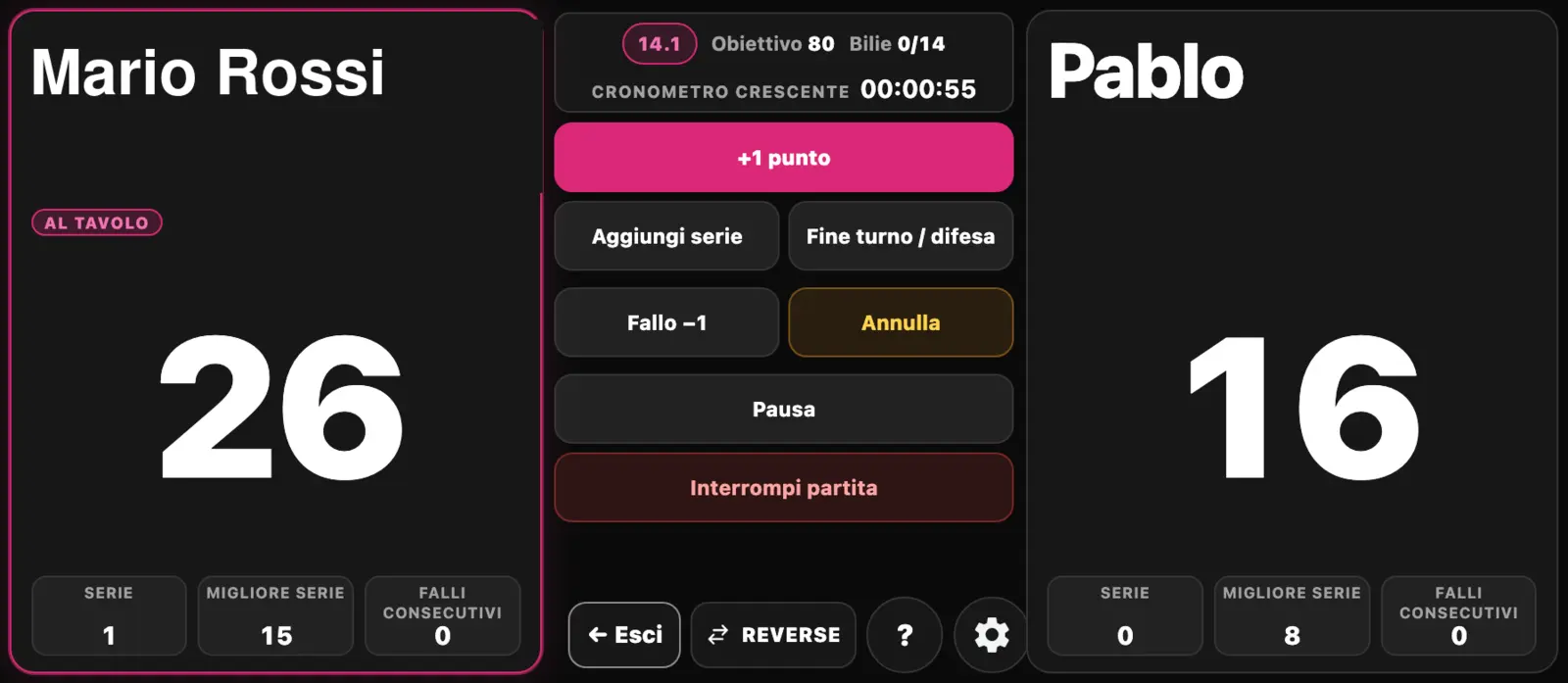 Partita di Pool Continuo 14.1 con punteggio e statistiche